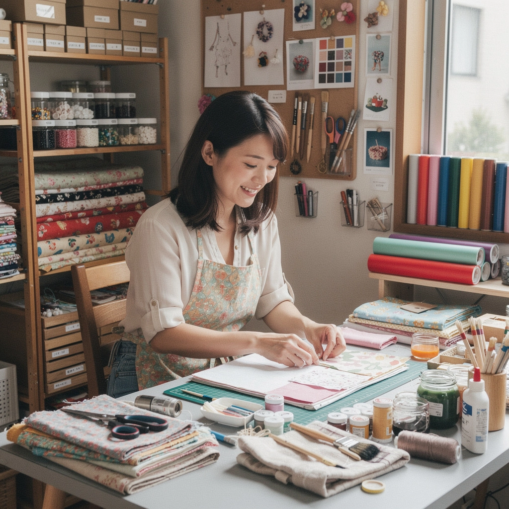 DIYプロジェクトのためのさまざまな種類の布と糸が並んでいる